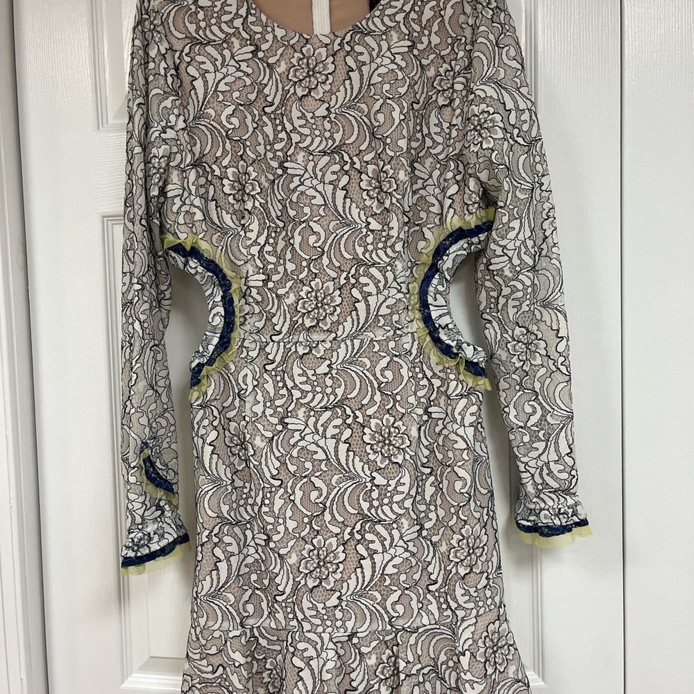 BCBGMaxAzria Silver Bodycon Dress with Bishop Sleeves
